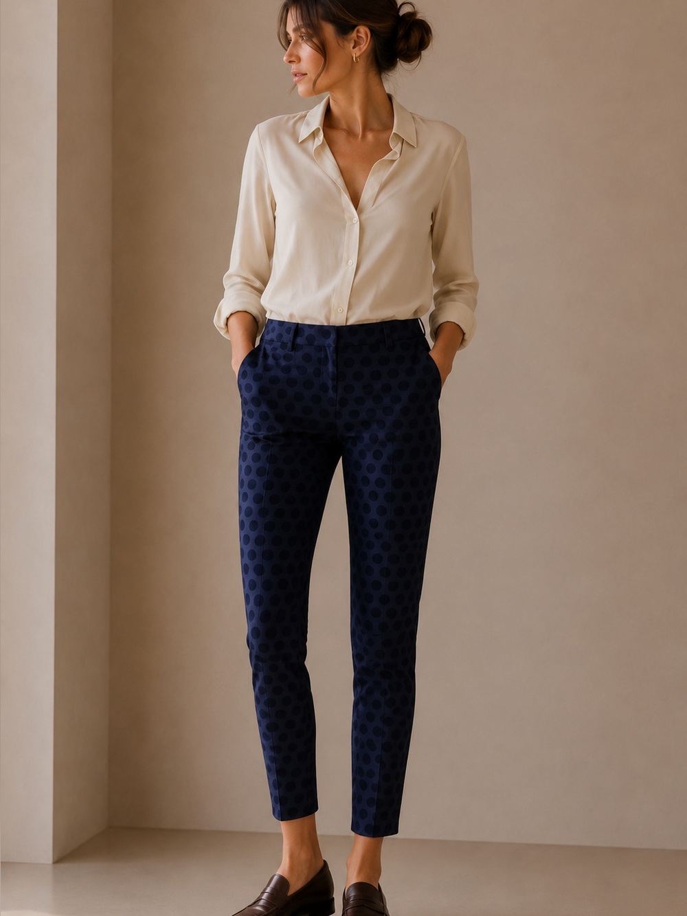 J. Crew Skimmer Navy Blue Polka Dot Dress Pants City Fit Slim Size 4